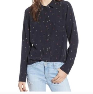 Rails Black Rainbow Cactus Print 100% silk Long Sleeve Button Up Blouse Large